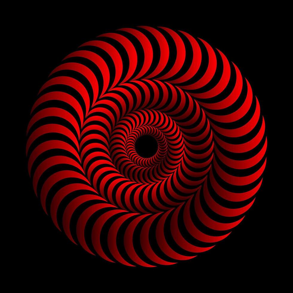 3D spiral. Hypnotic volumetric wavy circles. Isometric trumpet waves. Concentric circles. Optical illusion. Black and red illusion vector