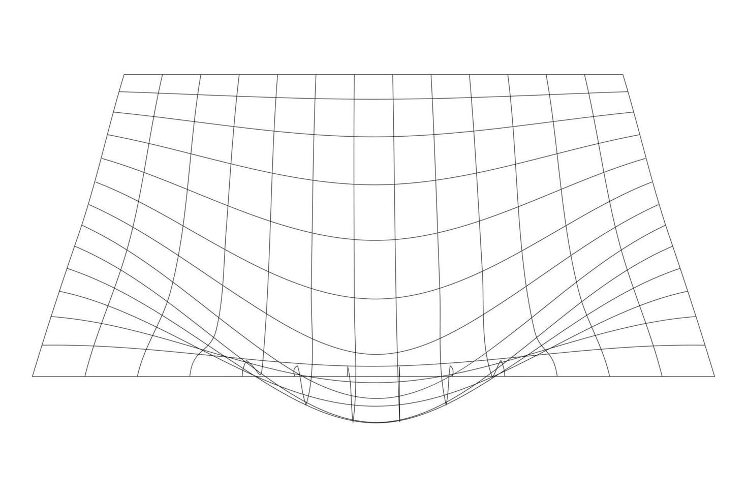 Distorted black grid on white background. Waved mesh texture. Fish net with deformation effect. Bented lattice surface. graphic illustration vector