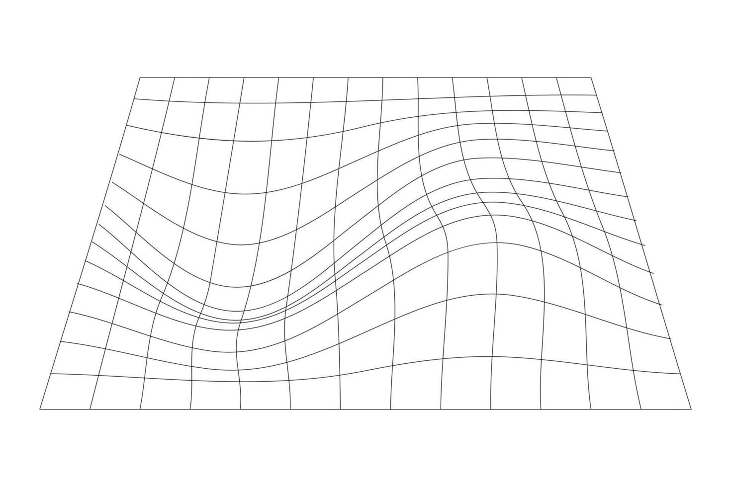 Distorted black grid on white background. Waved mesh texture. Fish net with deformation effect. Bented lattice surface. graphic illustration vector