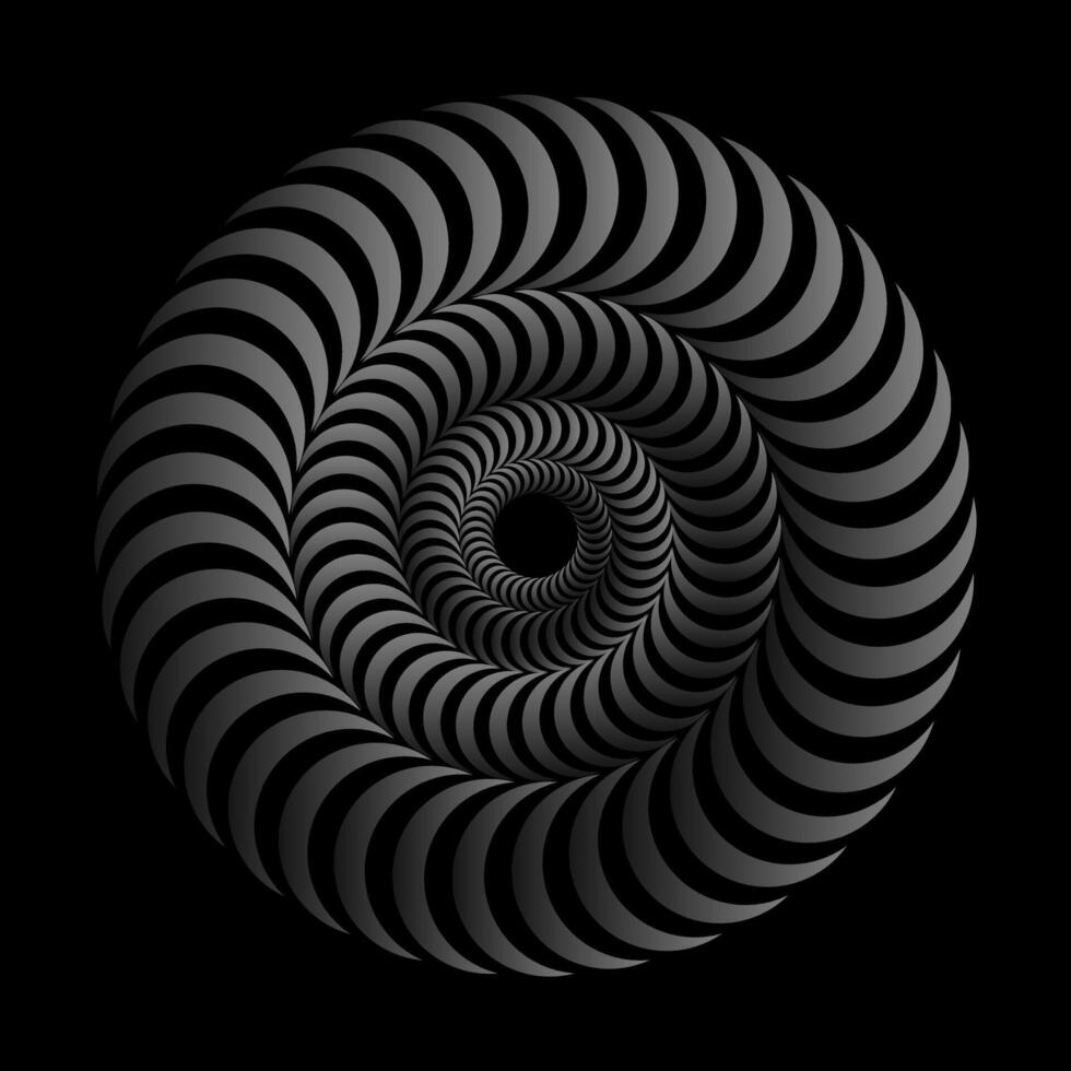 3D spiral. Hypnotic volumetric wavy circles. Isometric trumpet waves. Concentric circles. Optical illusion. Black and white illusion vector