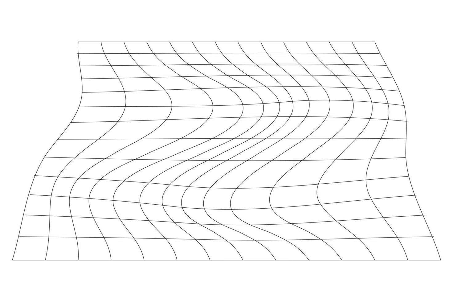 Distorted black grid on white background. Waved mesh texture. Fish net with deformation effect. Bented lattice surface. graphic illustration vector