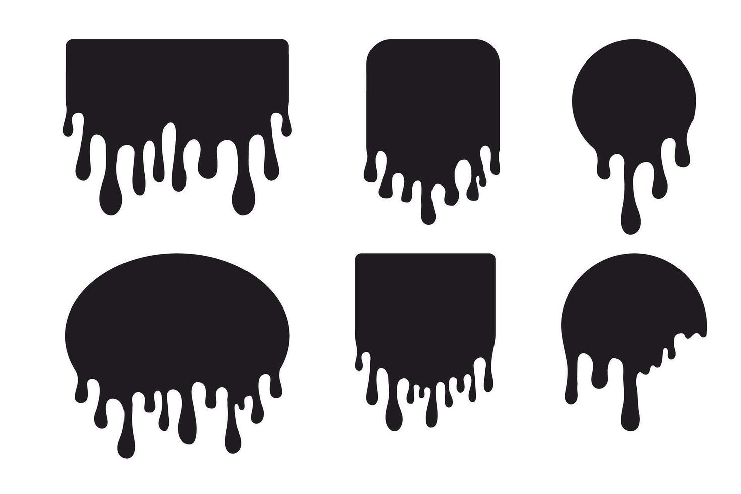 Melt paint drip circle stickers, label. Round splash with drops, liquid shape graffiti blob stickers, stain isolated on background. Flowing fluid, slime or cream. vector