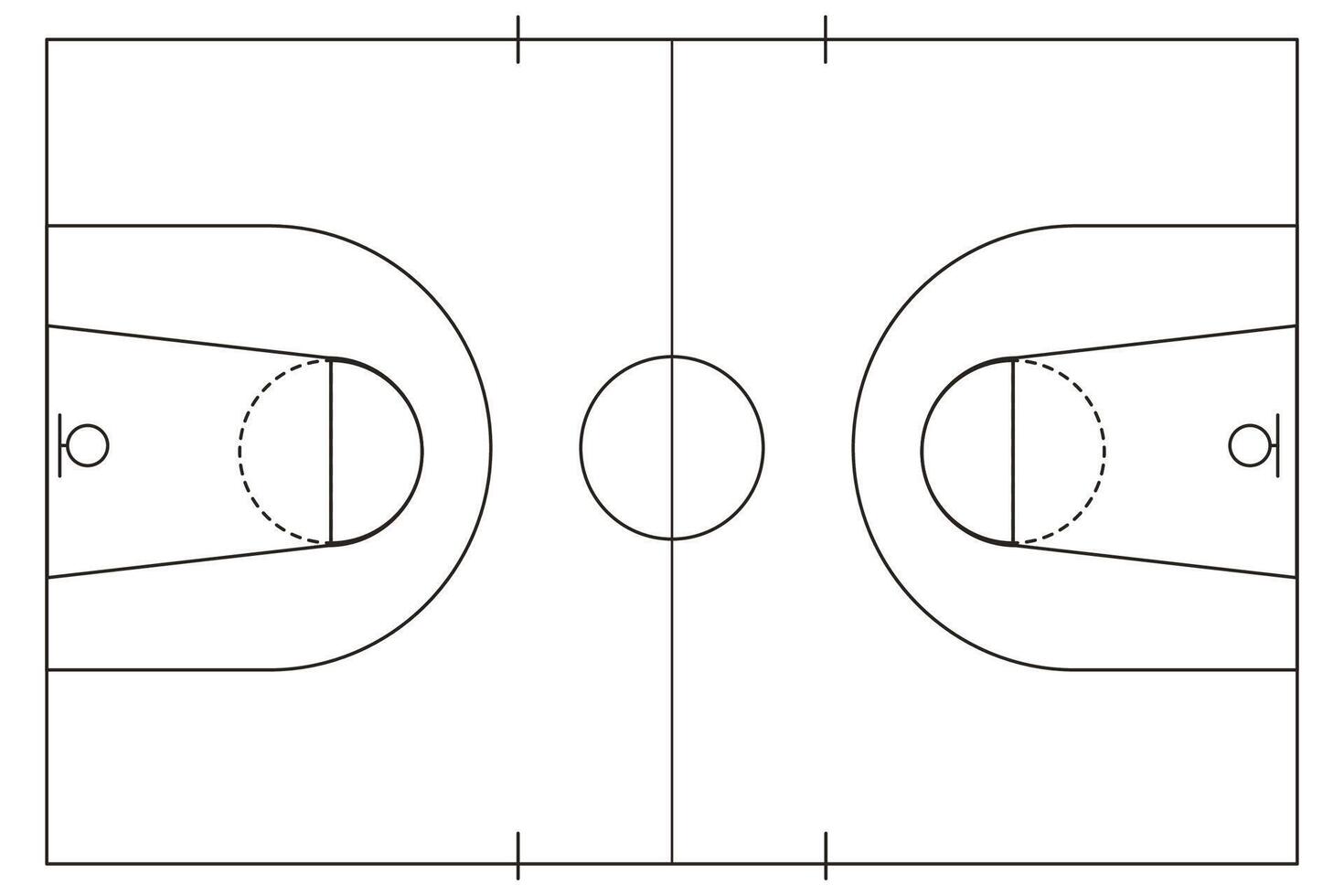 Basketball court board, black lines area, floor top view tactic game frame isolated on white background. illustration vector
