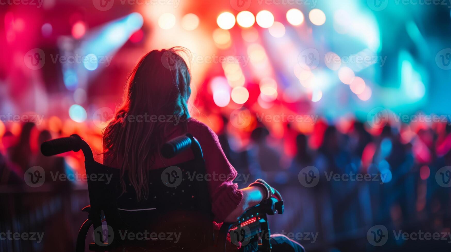 A woman is seated in a wheelchair positioned directly in front of a stage. photo