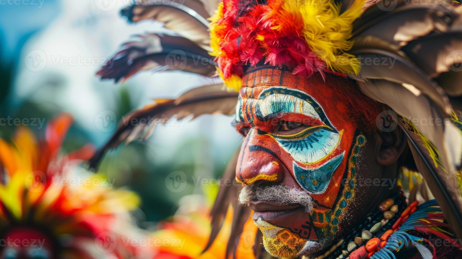 A man with vibrant face paint and feathers on his head, showcasing traditional tribal markings and attire. photo