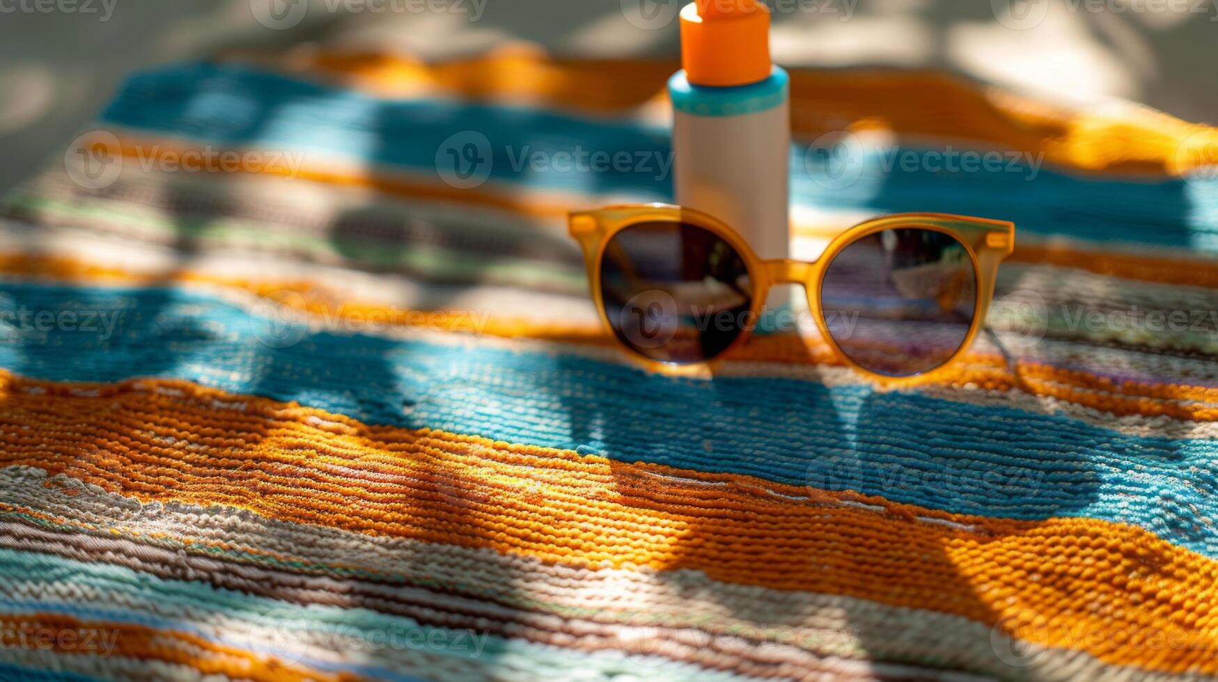A pair of sunglasses and a bottle of sunscreen placed on a striped towel. photo