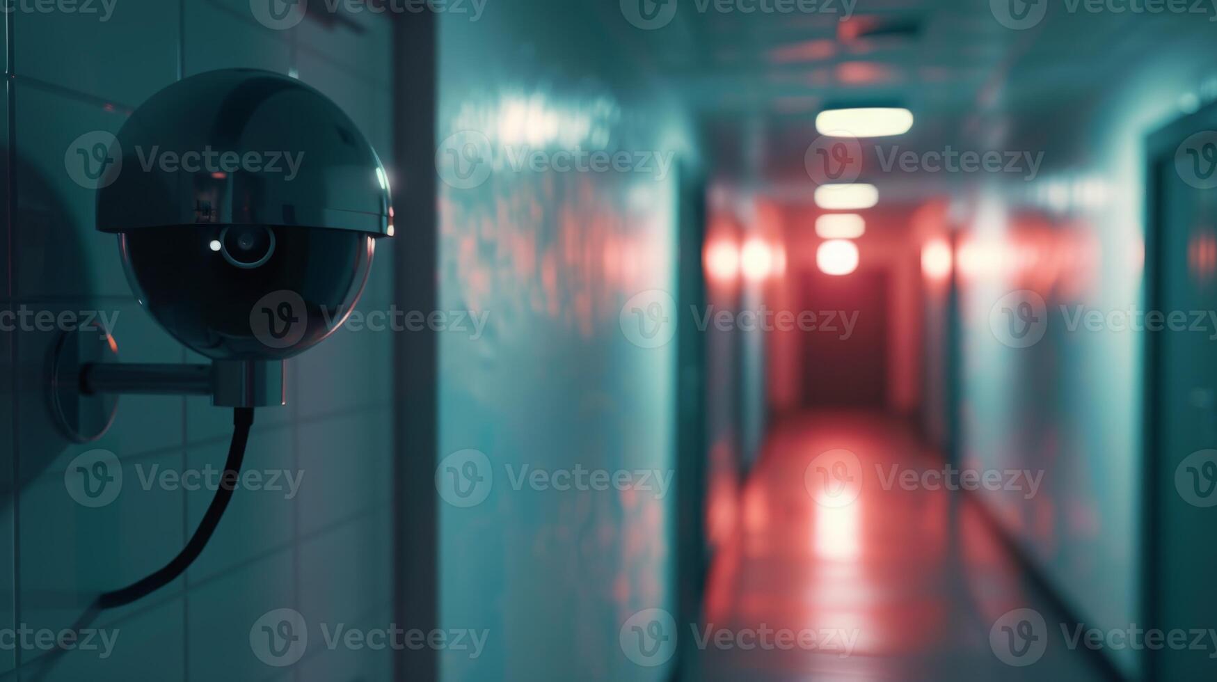 A security camera mounted on the wall of a long hallway, overseeing the area for surveillance and monitoring purposes. photo