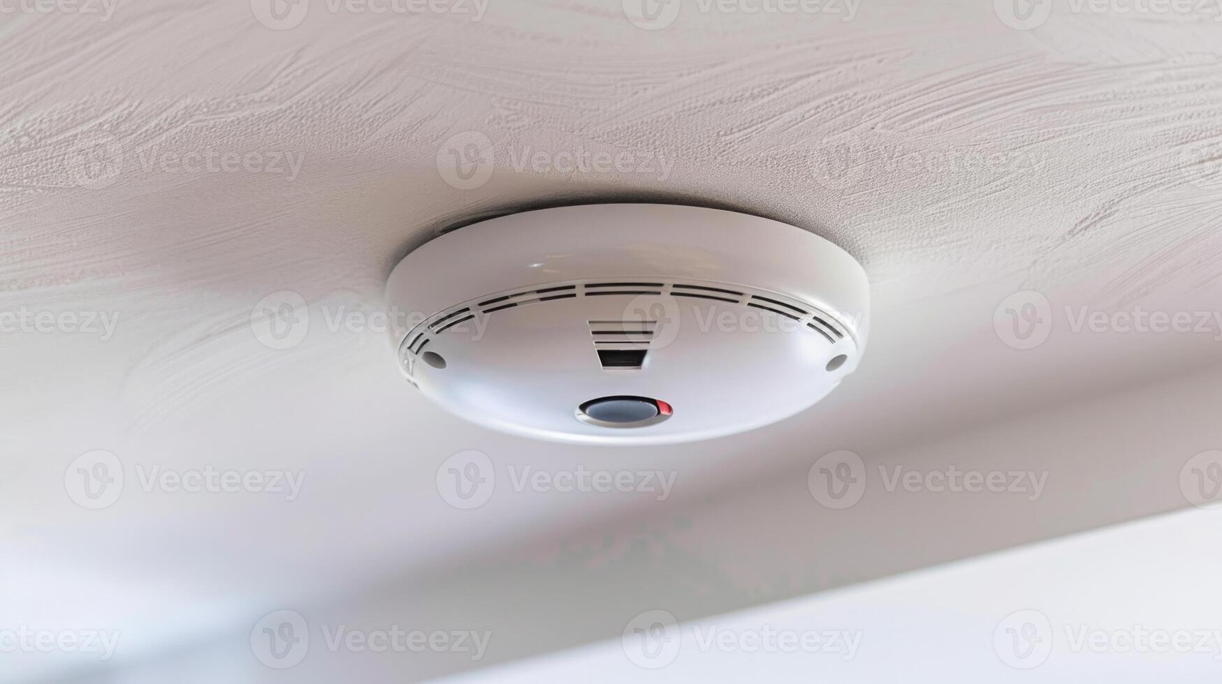 Detailed view of a functioning smoke detector mounted on the ceiling, alert and ready to detect smoke or fire hazards in the vicinity. photo