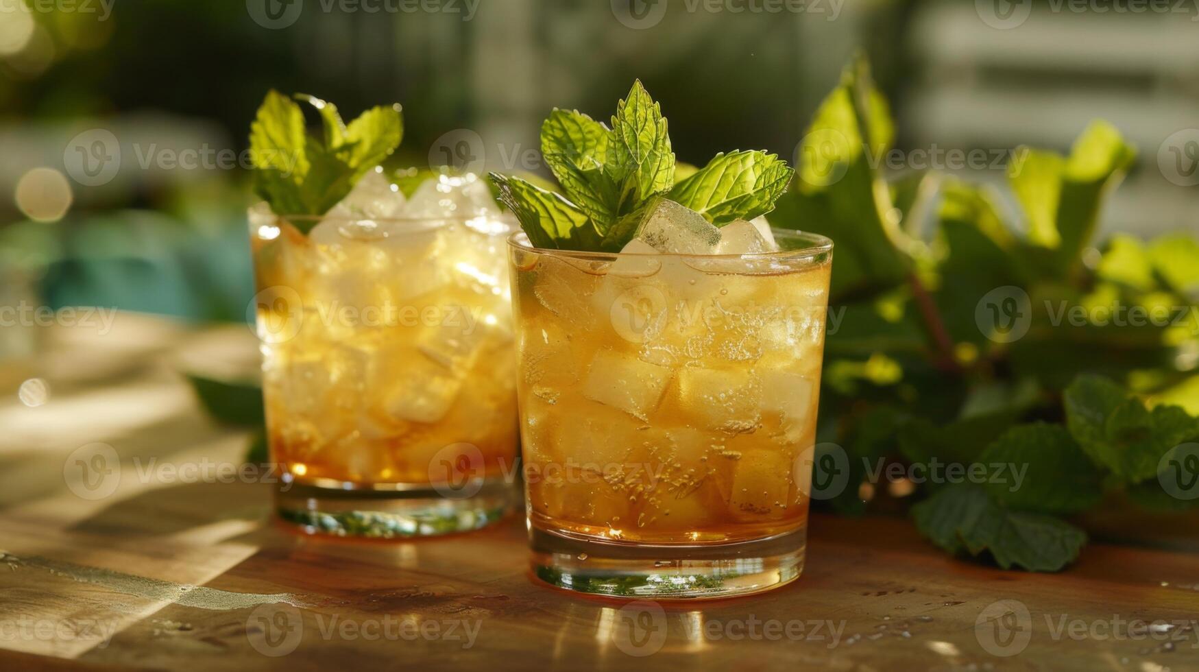 Two Glasses With Ice and Mint on Table photo