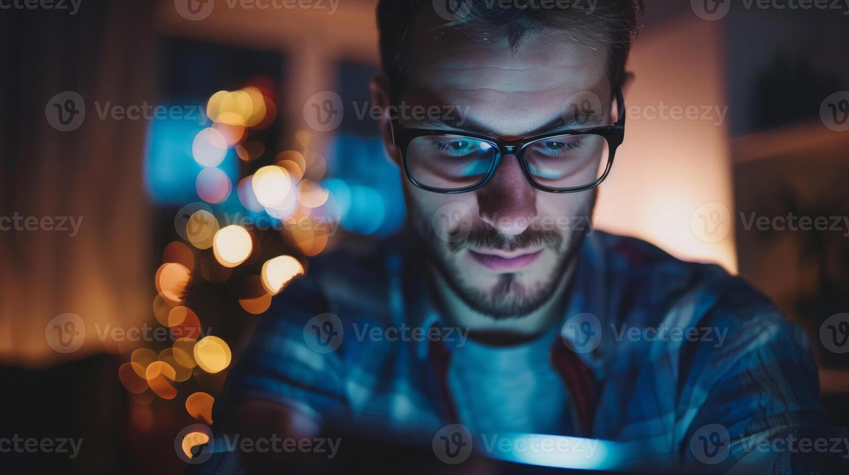 A man with glasses is standing in front of a Christmas tree, focusing on his phone screen in a room filled with holiday decorations. photo