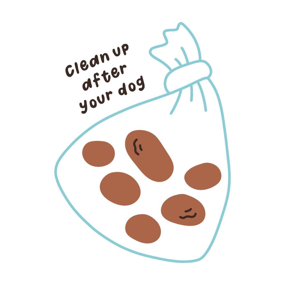 Bag with dog poop. Hygienic dog bag with poop. Flat style hand drawn illustration on white background. Cleaning the park after walking pets concept. vector
