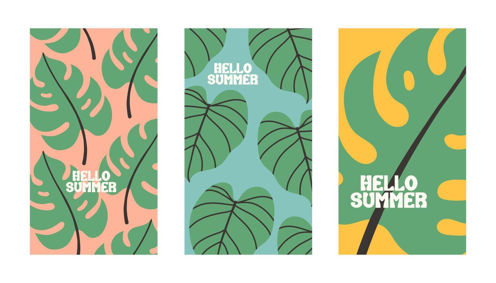 Hola verano póster conjunto con tropical hojas en plano estilo. Arte para póster, tarjeta postal, pared arte, bandera antecedentes vector