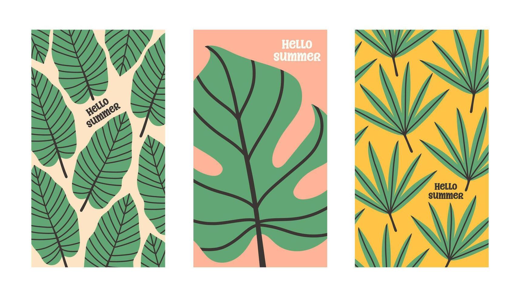 Hello summer poster set with tropical leaves in flat style. Art for poster, postcard, wall art, banner background vector