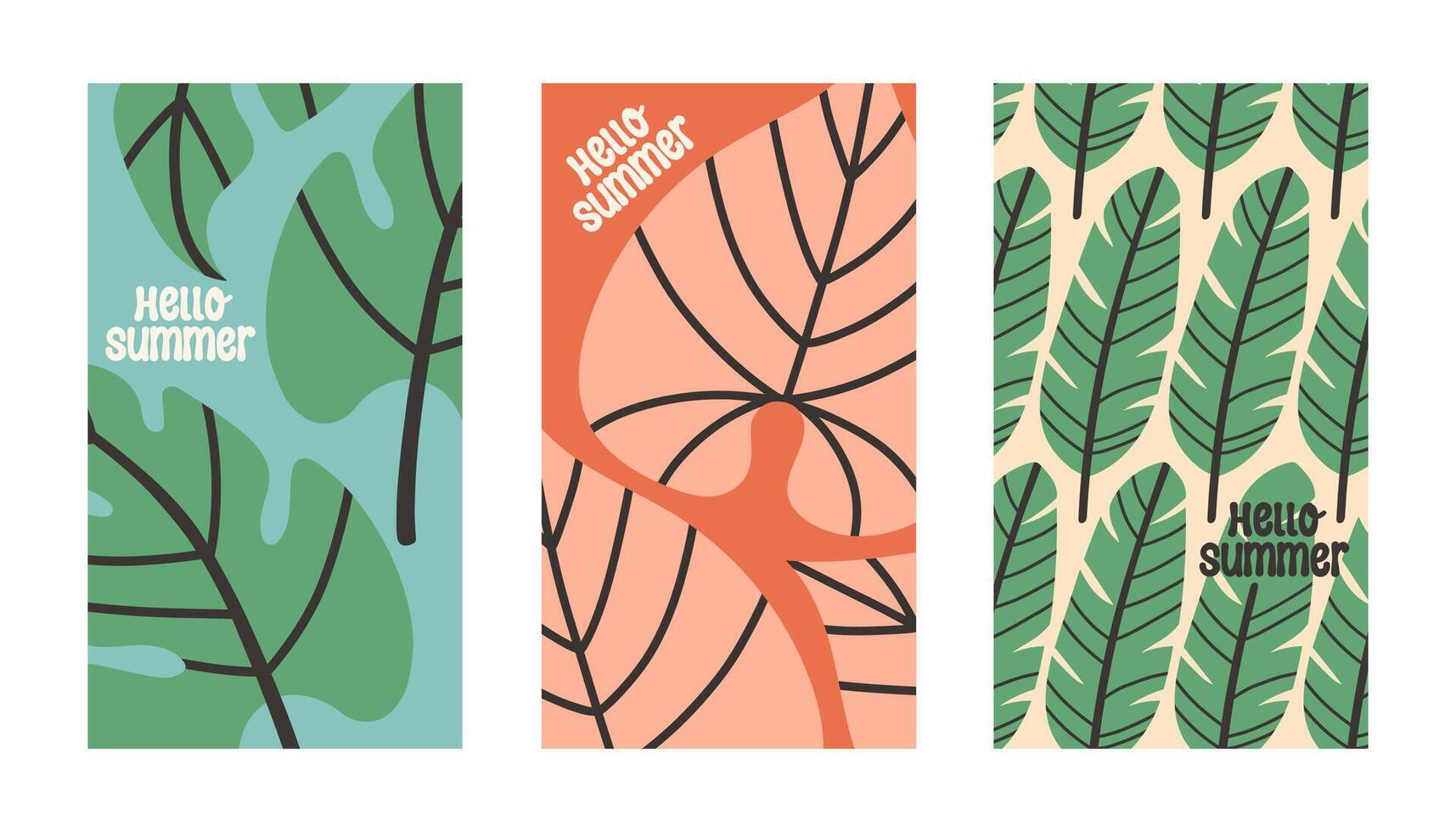 Hello summer poster set with tropical leaves in flat style. Art for poster, postcard, wall art, banner background vector