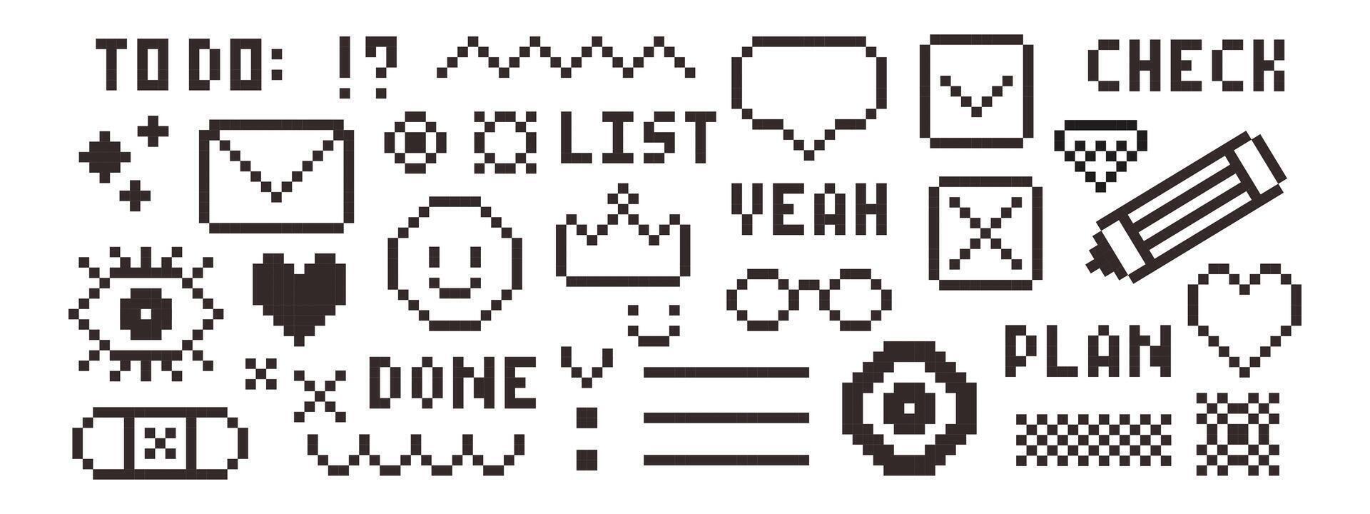 Pixel Y2k retro sticker pack. 8bit icons in trendy retro style. Check list, plan, to do list. Cartoon graffiti tattoo illustration isolated on white background. vector