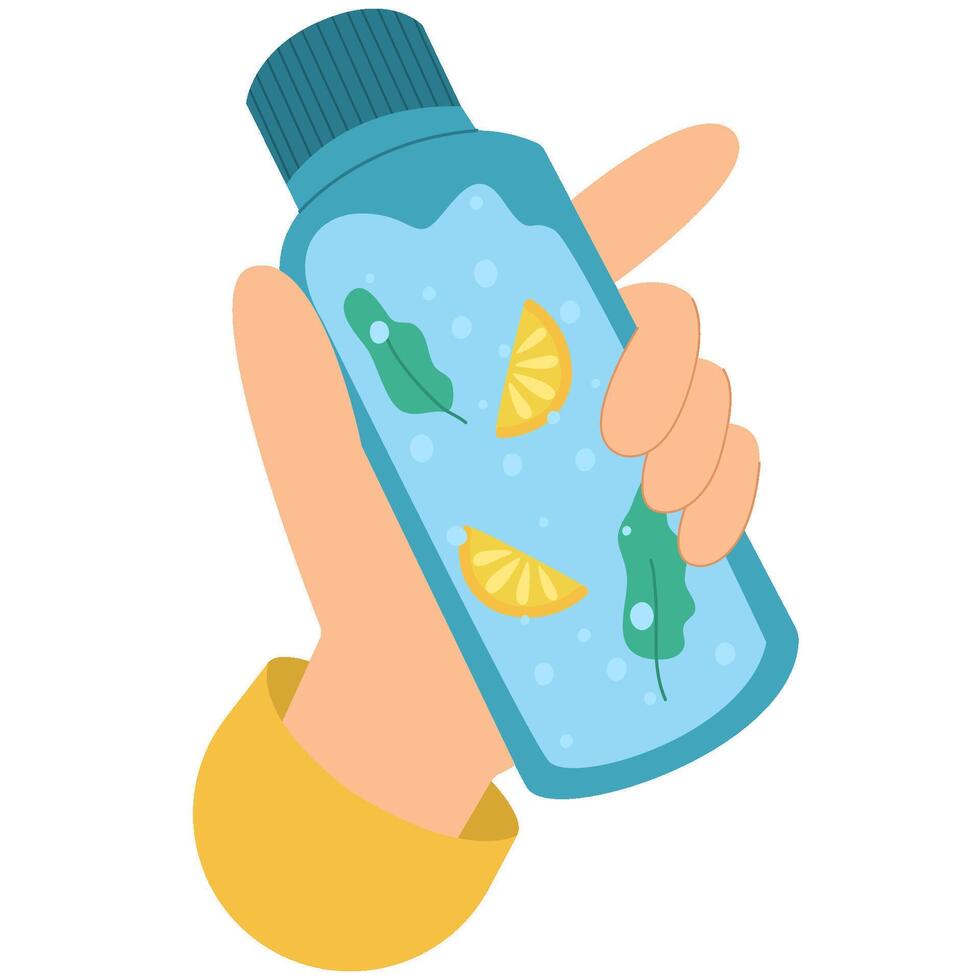 A hand holds a bottle of water. A healthy drink with lemon slices and mint leaves. Reusable container for liquids. vector