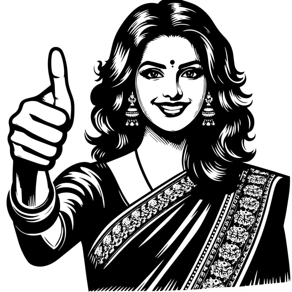 Black and white Silhouette of a group of a female indian woman holding thumbs up in a casual outfit Sari vector