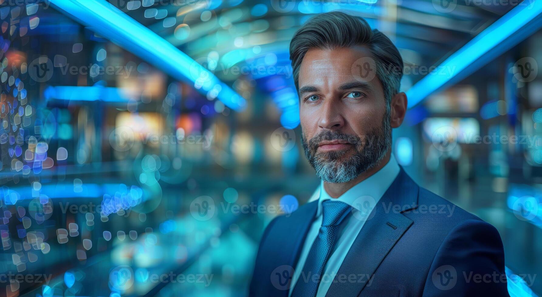 A man wearing a suit and tie is standing confidently in front of a modern building, exuding professionalism and authority. photo