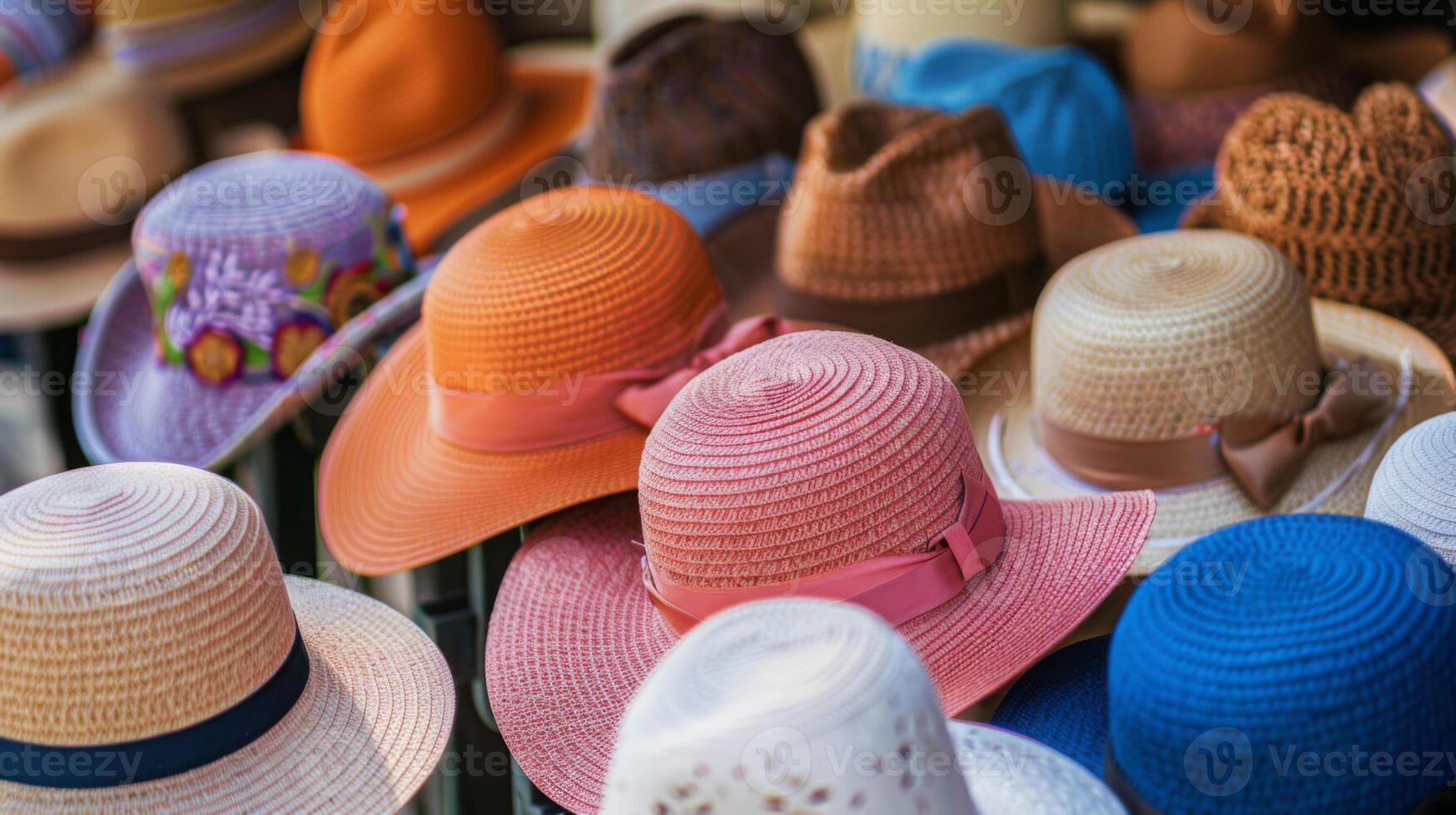 A collection of vibrant hats of various colors arranged neatly in a row on a wooden table. photo