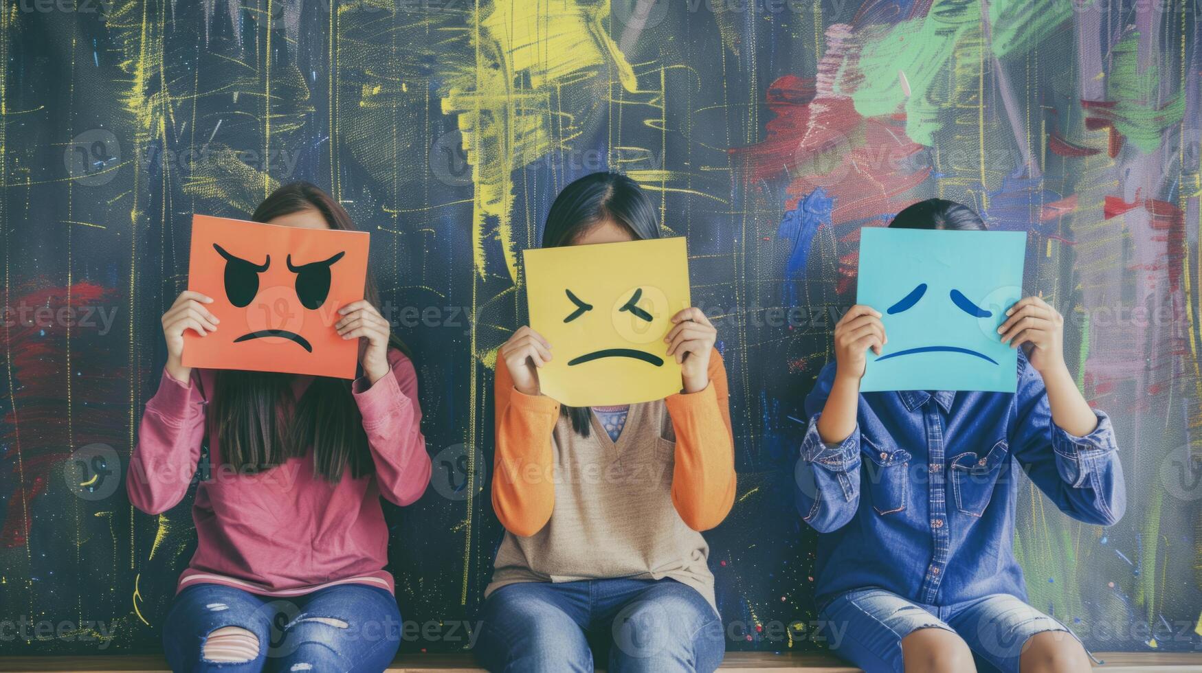A group of children standing together, each holding a piece of colored paper with a sad face drawn on it. photo