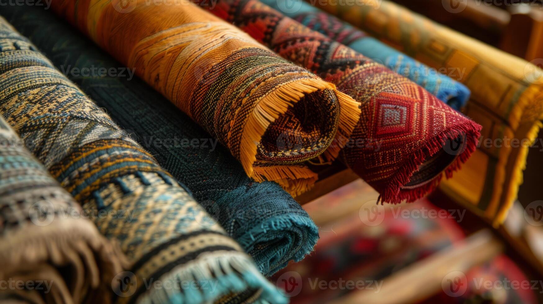 A row of bright and varied rugs neatly displayed on a wooden rack, showcasing different patterns and colors. photo
