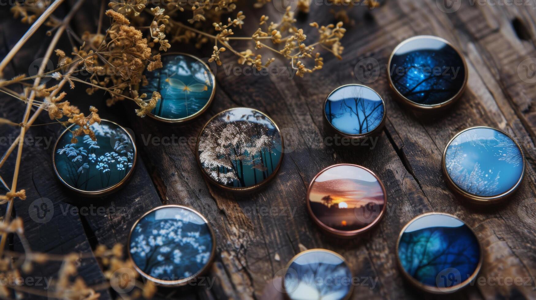 Handcrafted Jewelry With Nature-Inspired Designs Displayed on Wood photo