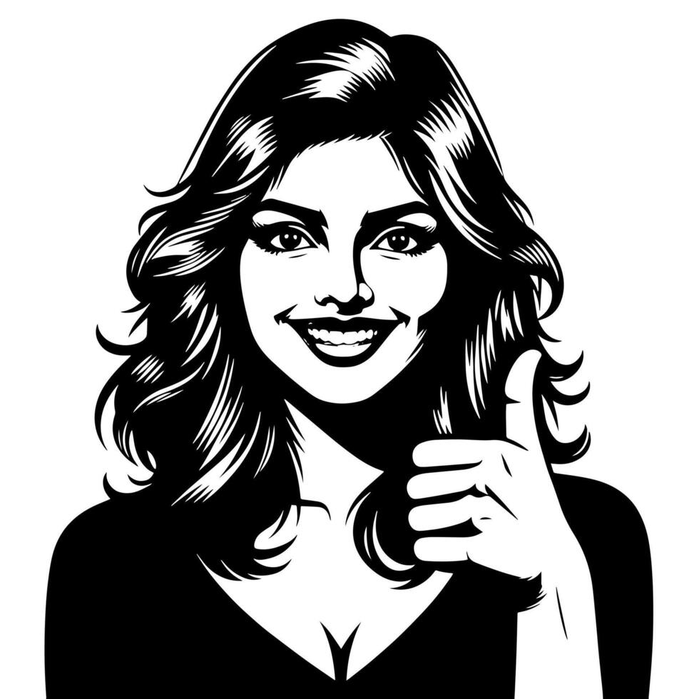 Black and white Silhouette of a group of a female indian woman holding thumbs up in a casual outfit Sari vector