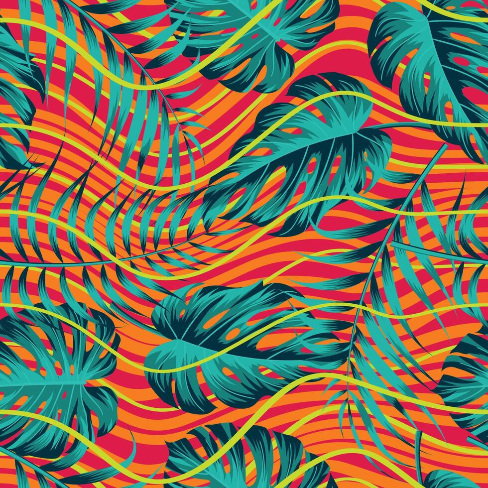 Floral seamless pattern with leaves. wavy lines, tropical background vector