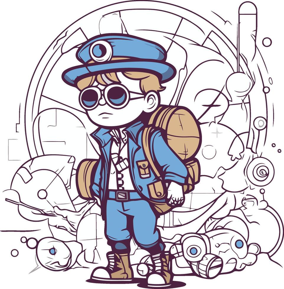 Cute little boy in a pilot's hat with a backpack on his back. vector