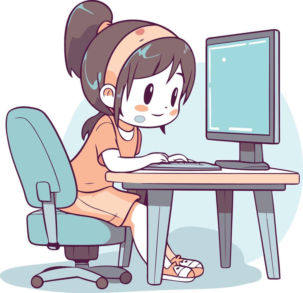 Illustration of a Girl Using a Computer While Sitting at Her Desk vector