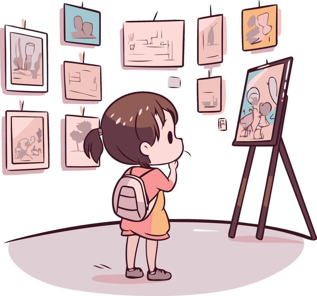 Illustration of a little girl looking at a picture in a gallery vector