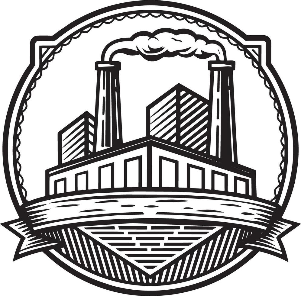 illustration of a factory and industry logo design black and white vector