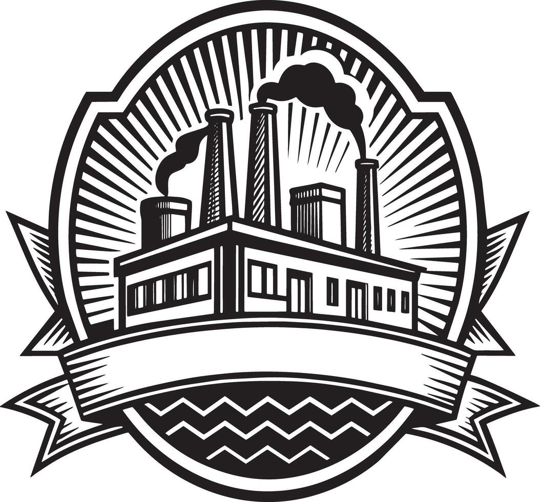 illustration of a factory and industry logo design black and white vector