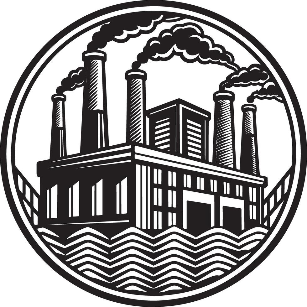 illustration of a factory and industry logo design black and white vector