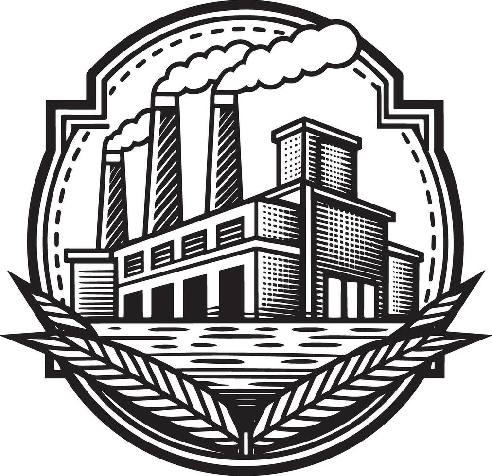 illustration of a factory and industry logo design black and white vector