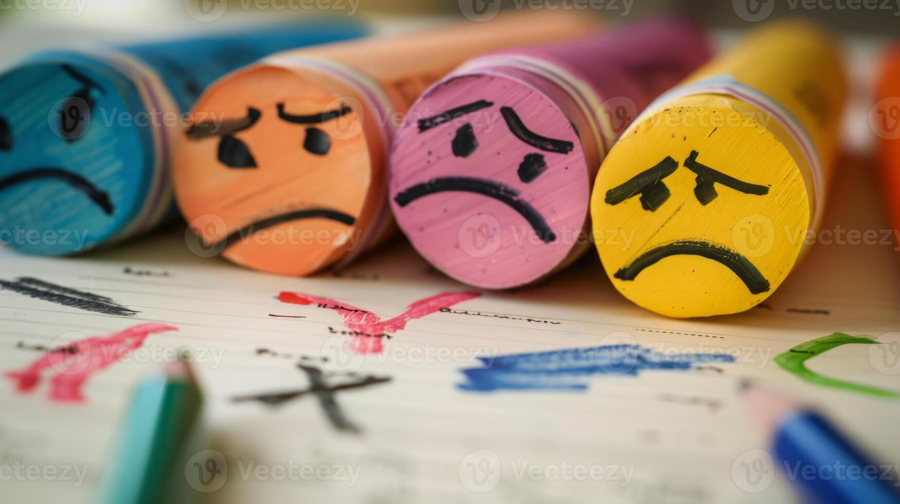 Colored pencils with drawn sad expressions on them, arranged in a group. photo