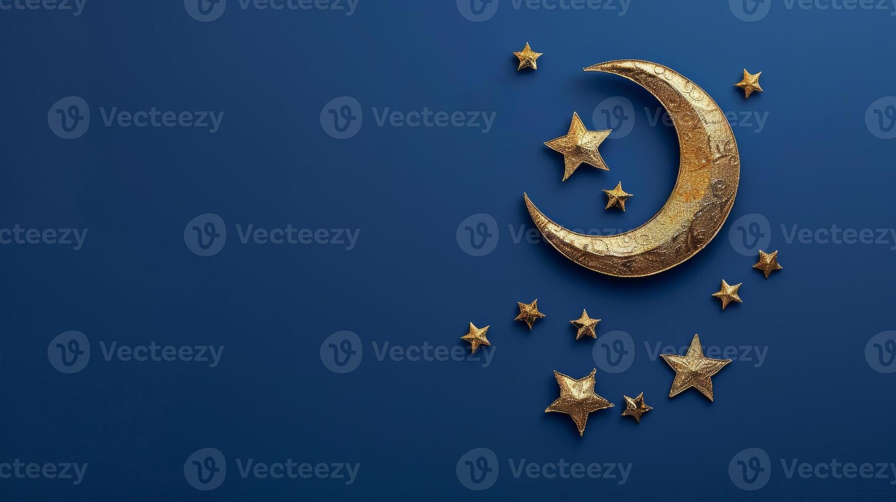 Golden crescent moon with stars on blue background. Ramadan Kareem concept. photo