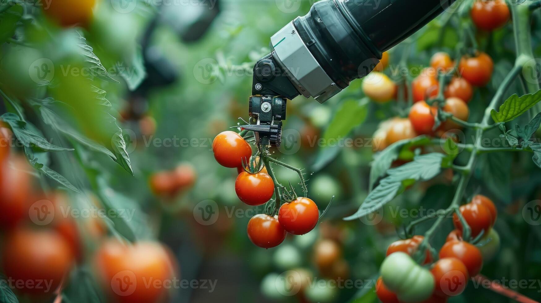 Robotic arm harvesting ripe cherry tomatoes in greenhouse. Automated agriculture technology for efficient vegetable farming. photo