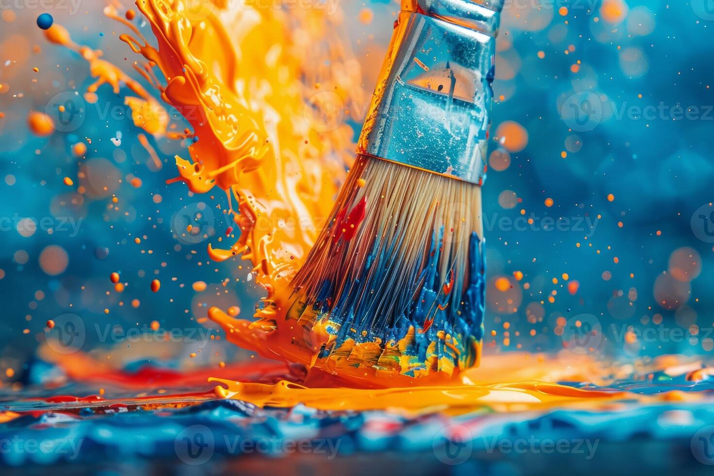 Paintbrush with Orange and Blue Paint Splashing on Canvas, Creating Abstract Art with Vibrant Colors photo