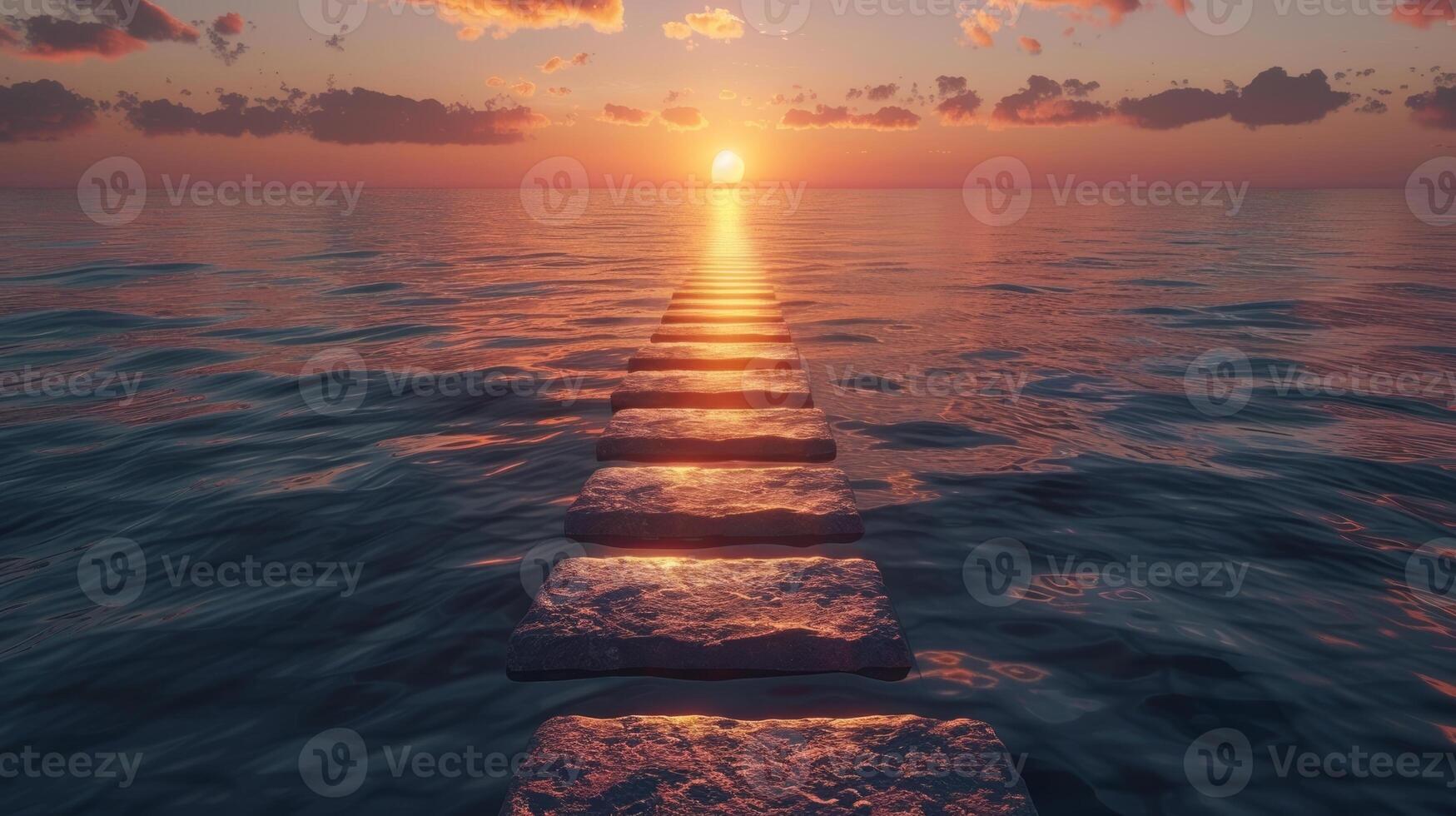 Conceptual sea sunset or sunrise background with wooden pier and sun photo