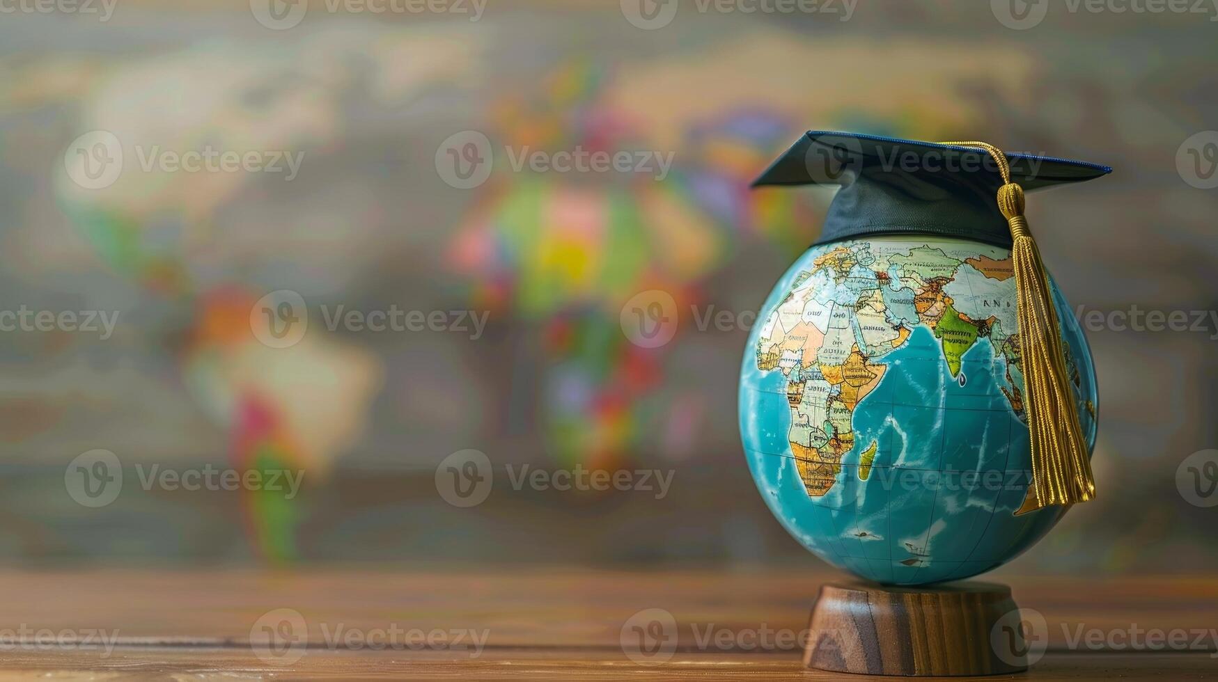 Graduation cap on top of globe with world map, symbolizing global education, international studies and academic success. photo