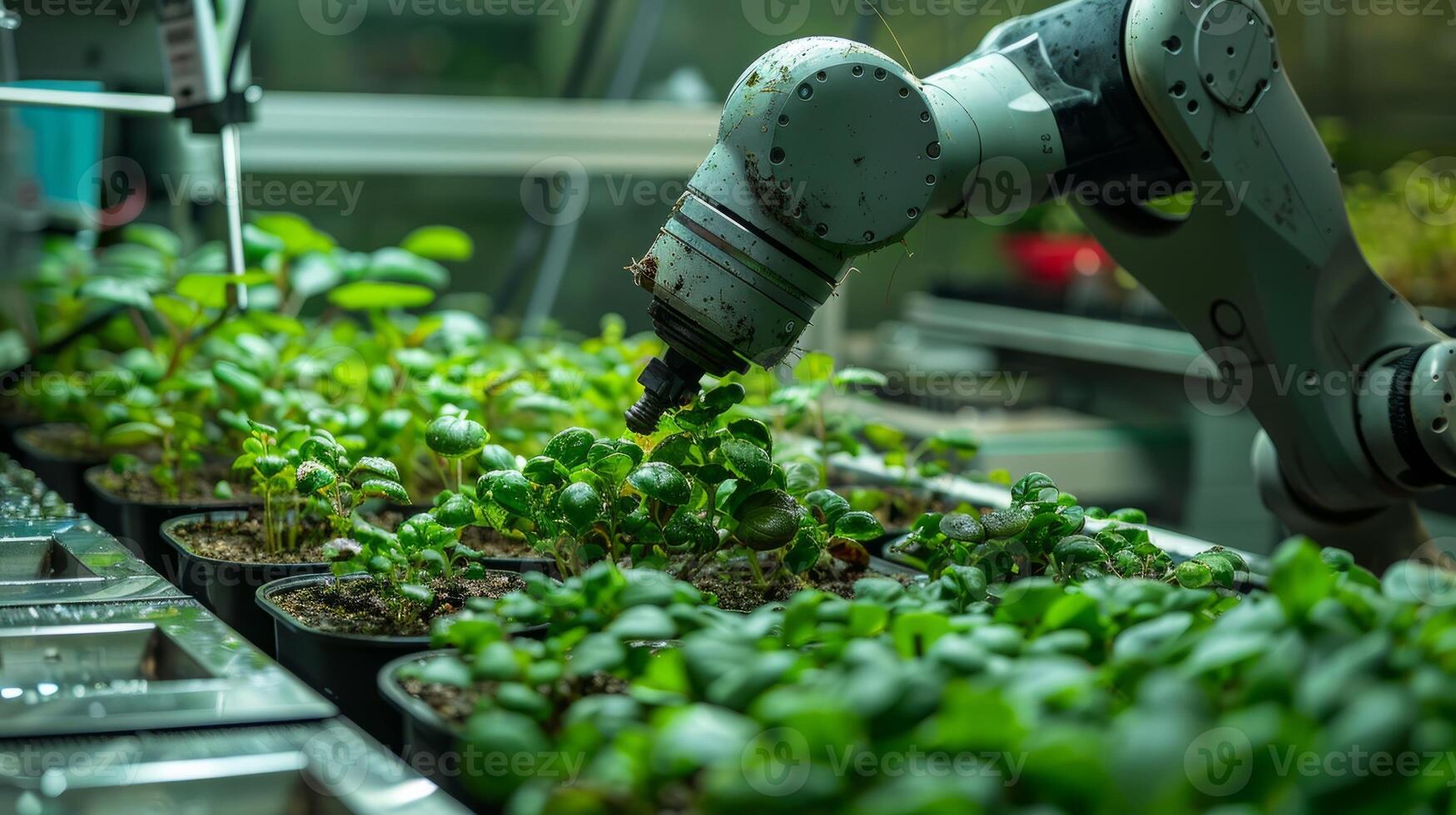 Robotic Arm Watering Seedlings in Automated Indoor Vertical Farm or Greenhouse photo