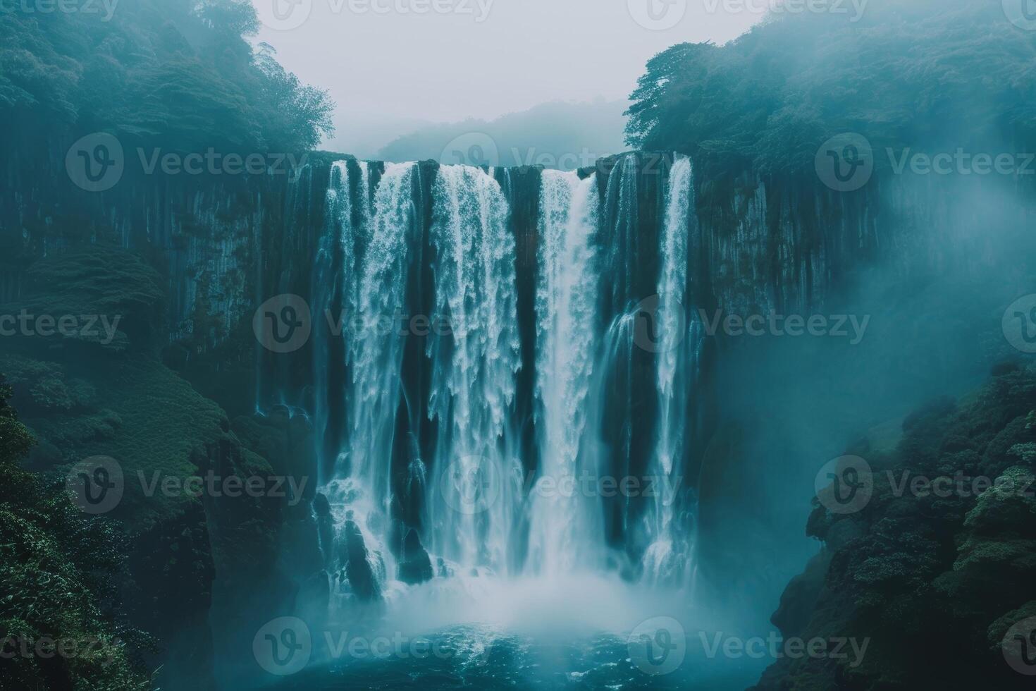 Misty Waterfall Cascading into Plunge Pool in Tropical Rainforest photo