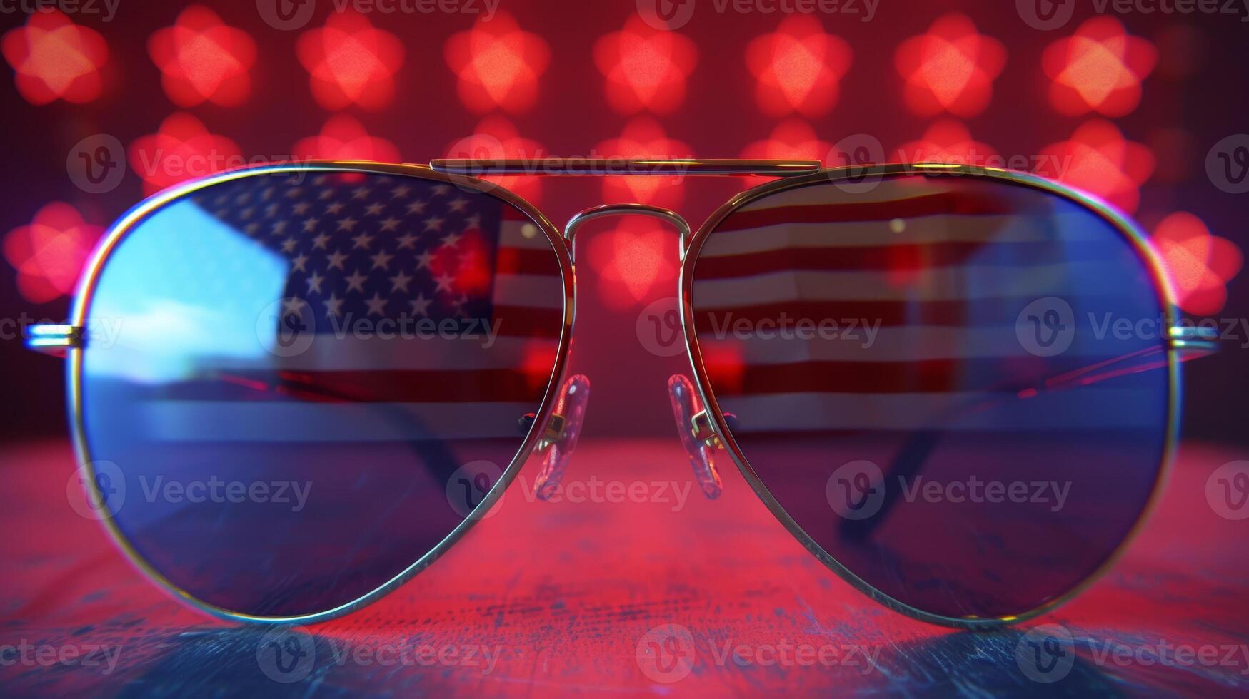 American Flag Reflection in Aviator Sunglasses with Red Stars Background photo