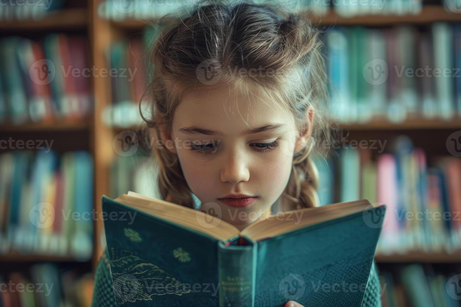 Young girl intently reading book in library surrounded by bookshelves. Concept of education, knowledge, literature and intellectual curiosity. photo