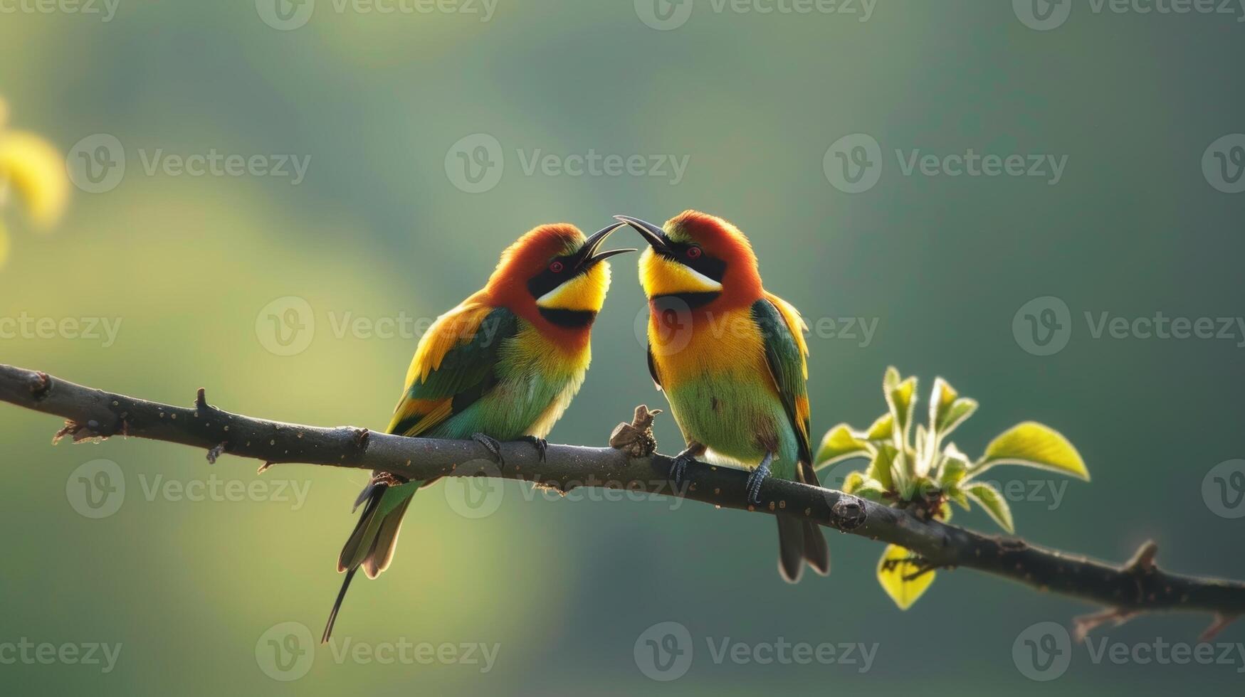 Pair of colorful bee eaters perched on branch, beaks touching in affectionate moment, vibrant feathers against blurred natural background photo