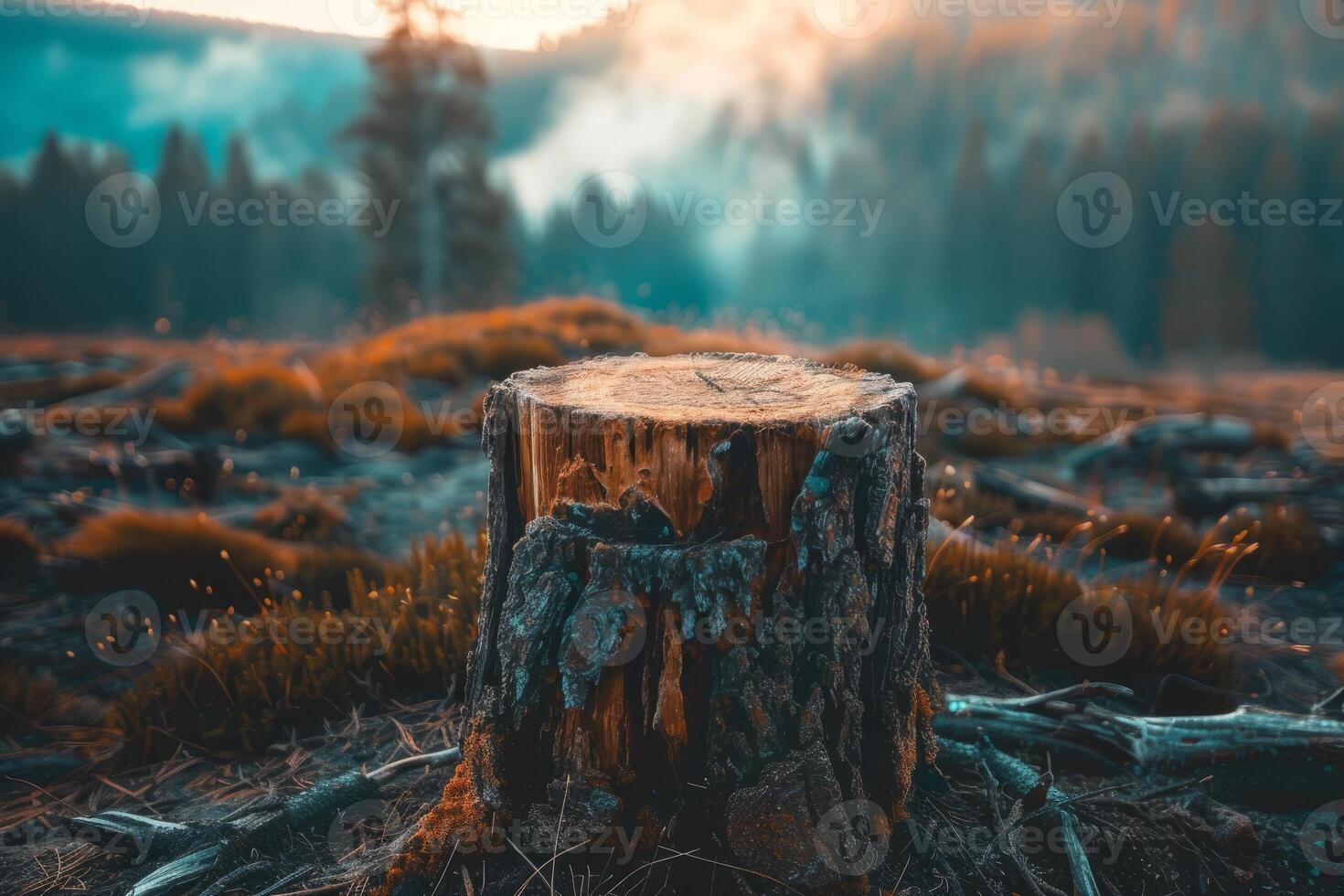 Serene Mountain Stump Landscape, Tranquil Nature Scene with Weathered Tree Stump Overlooking Misty Forest and Peaks photo