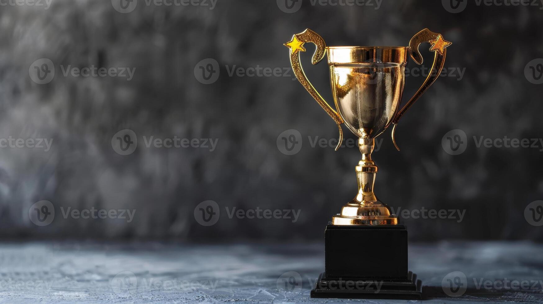 Golden champion trophy with star handles on black pedestal for first place award on dark background. Concept of winning, success, achievement, and competition photo