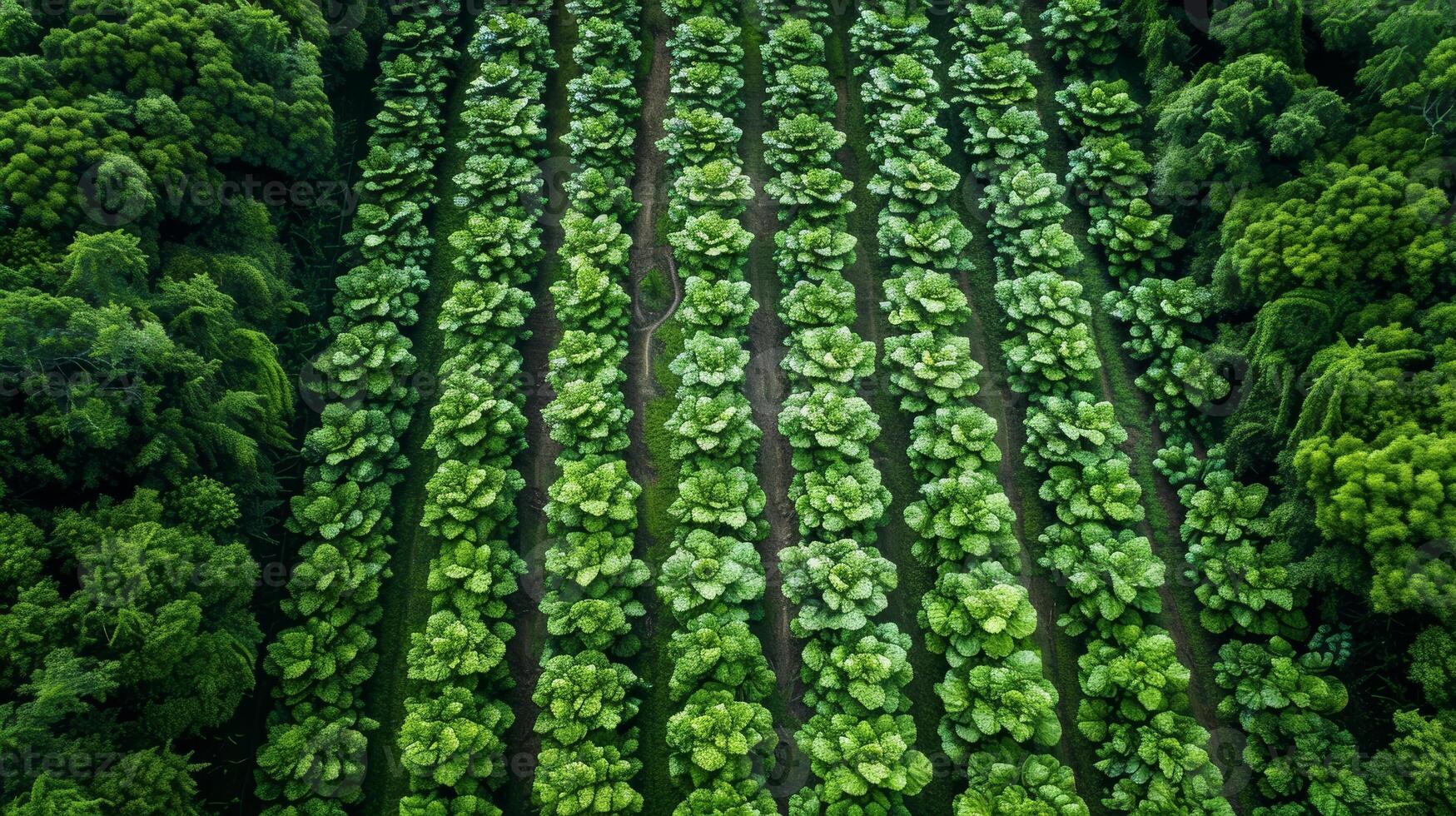 Aerial View of Lush Green Rows of Tobacco Plants in Farm Field Plantation photo