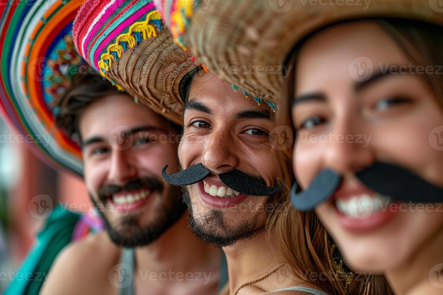 Joyful Mexican Trio with Vibrant Sombreros and Mustaches photo